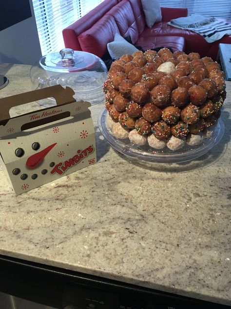 Timbit birthday cake! Timbit Cake, Homemade Birthday Cakes, 3rd Birthday Ideas, Pop Cans, S Cake, A Birthday Cake, 16th Birthday Party, Bday Party Ideas, 12th Birthday