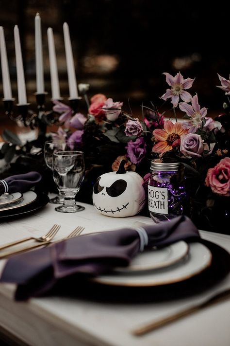 Nightmare Before Christmas Wedding Theme. Nightmare Before Christmas Wedding Theme. Spooky-Cute Halloween Wedding: Jack & Sally’s Celebration in purple, black and white with fun pumpkins, whimsical details and fun alternative yet romantic wedding details. Classy Halloween Wedding, Halloween Wedding Reception, Haunted Wedding, Halloween Wedding Dresses, Gothic Wedding Theme, Christmas Wedding Themes, Nightmare Before Christmas Wedding, Dark Wedding Theme, Classy Halloween