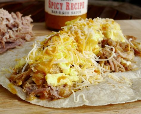 Pulled Pork Breakfast Wraps via @cmpollak1 Pork Breakfast Recipes, Pulled Pork Breakfast, Tacos Pulled Pork, Pork Breakfast, Breakfast Wraps, Crockpot Breakfast, Pulled Pork Recipes, Breakfast Tacos, Breakfast Burritos