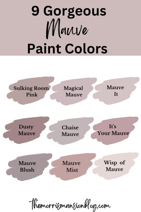 There are nine gorgeous mauve colors: sulking room pink, magical mauve, mauve it, dusty mauve, chaise mauve, its your mauve, mauve blush, mauve mist, and wisp of mauve Mauve Chalk Paint, Mauve Gray Paint, Mauve Purple Paint Colors, Neutral Purple Paint Colors, Grey Mauve Paint, Mauve And Black Bathroom, Pinkish Gray Paint Color, Light Mauve Paint Colors, Mauve Grey Bedroom