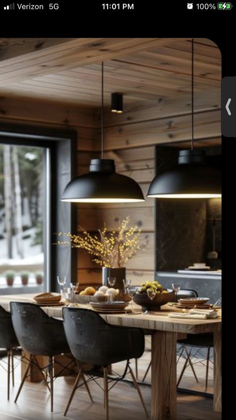 Scandanavian Interiors Cabin, Scandinavian Modern House Interiors, Industrial Scandinavian Interior, Dark Scandinavian Interior, Scandinavian Modern Interior, Rustic Scandinavian Interior, Scandinavian Cabin Interior, Cabin Interior Ideas, Cabin Dining Room