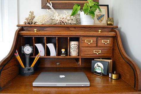 Desk styling with brass accessories via Angie's Roost Roll Top Desk In Living Room, Rolltop Desk Decor, Roll Top Desk Decor, 40s House, Staircase Walls, Rolltop Desk, Doors Entry, Hallway Walls, Desk Styling