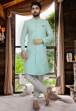 Exclusive Handpicked Indian Ethnic Clothing Curated with Preferences Ethnic Wear Men Indian, Sky Blue Sherwani, Ethnic Wear Men, Indian Footwear, Indian Groom Dress, Blue Sherwani, Mens Indian Wear, Wedding Kurta For Men, Indian Groom Wear