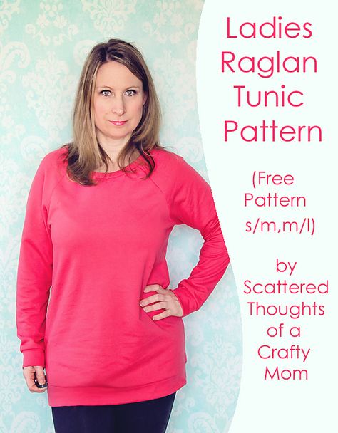 Sew a ladies Raglan top with this free pattern! Raglan Top Pattern, Tunic Pattern Free, Tunic Tops Pattern, Dresses Patterns, Sewing Headbands, Sweatshirt Pattern, Sewing Patterns Free Women, Tunic Sewing Patterns, Sewing Tops