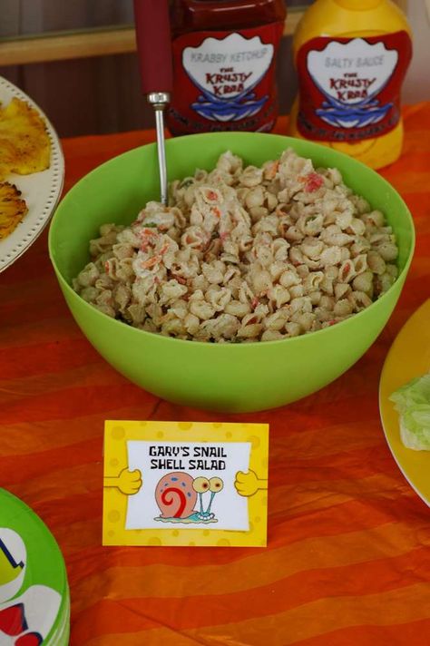 Leighton Squarepants turns 3! | CatchMyParty.com Dollar Tree Spongebob Party, Sponge Bob Food Ideas, Spongebob Themed Food Labels, Spongebob Birthday Party Backdrop, Spongebob Birthday Party Food Labels, Spongebob Second Birthday Party, Spongebob 25th Birthday Party Food, Spongebob Party Food Labels, Spongebob Themed Party Food