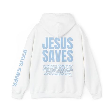 "Jesus Saves" Acts 4:12 Bible Verse Hoodie: Embrace Salvation in Divine Style Celebrate the message of Acts 4:12 with our "Jesus Saves" Bible Verse Hoodie, a powerful reminder of salvation and faith. Meticulously designed and crafted for both comfort and style, this hoodie is more than just warm outerwear—it's a wearable affirmation of the saving grace of Jesus. Made from high-quality materials, it brings both comfort and spiritual inspiration to the forefront of your wardrobe. Key Features: Pow Cute Christian Hoodies, Cute Christian Sweatshirts, Bible Merch, God Hoodies, Jesus Merch, Jesus Hoodies, Christmas Clothing Ideas, Acts 4 12, Christian Sweatshirts