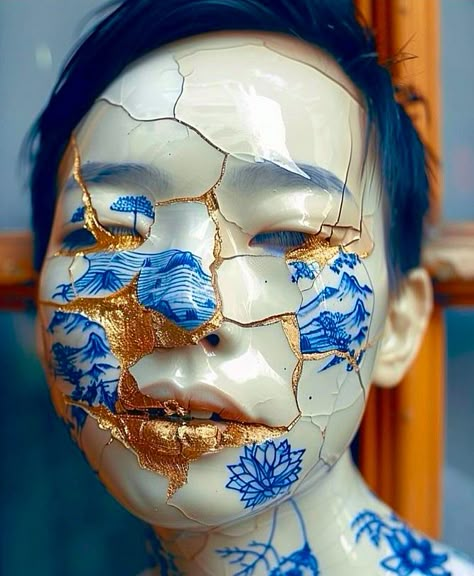 Kintsugi Portrait, Porcelain Character Design, Kintsugi Makeup, Mask Painting Ideas Design, Porcelain Makeup, Cosplay Makeup Ideas, Porcelain Mask, Drawing Design Ideas, Broken Porcelain