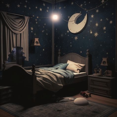 Starry Night Room, Star Themed Bedroom, Star Room, Gold Teen Bedroom, Gold Bed Frame, Star Bedding, Star Bedroom, Goth Bedroom, Aesthetic Apartment