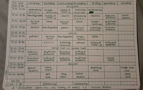 Hogwarts 7th year student timetable with all subjects and activities Hogwarts Timetable Slytherin, Hogwarts Timetable Fourth Year, Hogwarts Timetable Third Year, Hogwarts Schedule Fifth Year, Slytherin Timetable, Hogwarts Timetable First Year, Hogwarts Timetable Fifth Year, Slytherin Schedule, Harry Potter Timetable