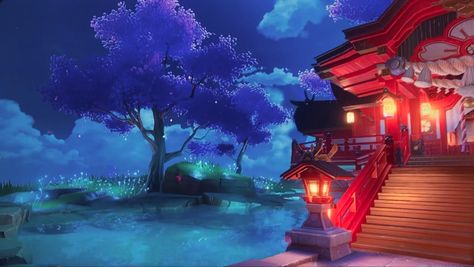 Grand Narukami Shrine, Genshin Landscapes, Narukami Shrine, Genshin Visuals, Aesthetic Genshin, Genshin Wallpaper, Farming Guide, Color Script, Isometric Art