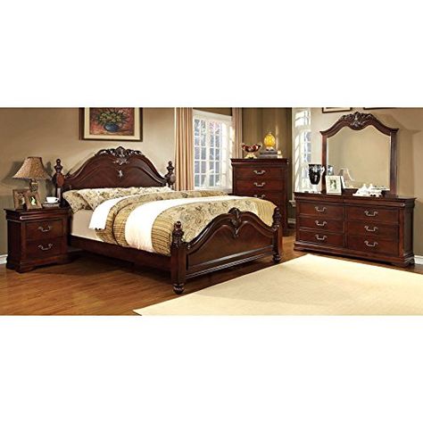 English Style Bedroom, America Bedroom, Cherry Wood Bedroom, Mirrored Nightstand Bedroom, Idea Bilik Tidur, Cherry Poster, California King Bedroom Sets, Metal Bedroom, 5 Piece Bedroom Set