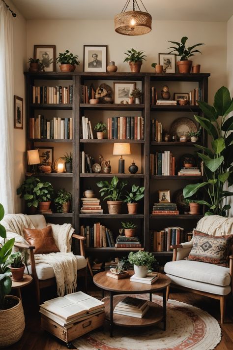 21 Dark Boho Living Room Ideas – The Dear Lab Library Living Room Apartment, Boho Urban Living Room, Plants House Decor, Plant Themed Living Room Apartment, Home Plant Room, Den Designs Ideas Cozy, Earthy Artsy Living Room, Tiny Moody Living Room, Plant Vibe Living Room