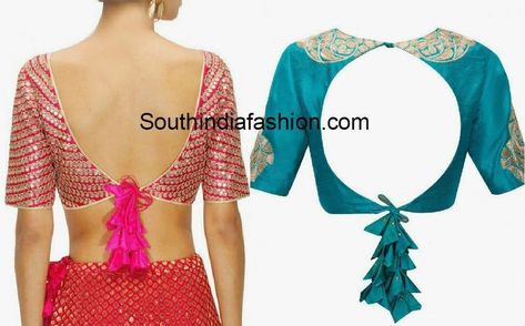 blouse with tie up knots on back Blouse Back Thread Hangings, Saree Knots, Designer Choli, Chiffon Blouses Designs, Latest Saree Blouse, Designs Blouse, Blouse Back Neck, Mirror Work Blouse Design, Blouse Back Neck Designs