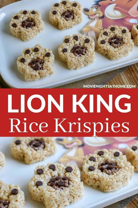 A Lion King movie night isn't complete without snacks! We share the best Lion King snacks and Paw Print Rice Krispies for an epic movie night! Paw Print Rice Krispie Treats, Daniel And The Lions Den Snack Ideas, Tiger Themed Food, Lion Snacks For Kids, Lion Themed Snacks, Rice Krispie Treats Animal Theme, Tiger Party Food, Lion Themed Food, Daniel And The Lions Den Snack