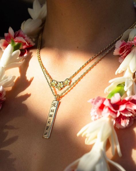 both in Yellow Gold Hawaiian Heirloom Jewelry, Background Plain, Hawaiian Names, Nameplate Necklace Gold, Dot Background, Heirloom Jewelry, Plumeria Flowers, Polka Dot Background, Hawaiian Jewelry