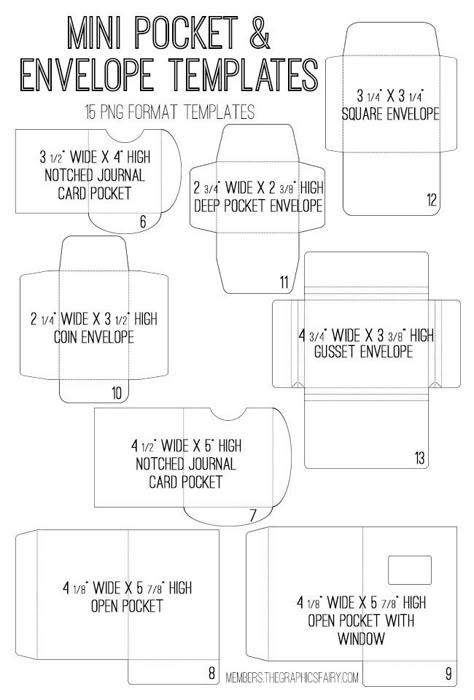 Envelope & Pocket Templates Image Kit! Graphics Fairy Premium Membership - The Graphics Fairy Journal Envelopes Pockets, Tiny Envelope Template, Coin Envelopes Ideas, Coin Envelopes Diy, Paper Envelope Template, How To Make A Pocket Envelope, Envelope Template Printable Vintage, Library Pocket Template Free Printable, Box Envelope Template