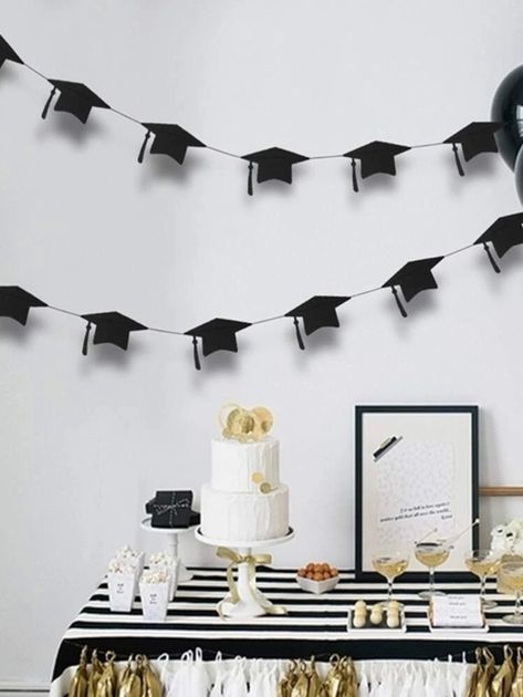 Graduation Dance Party, Graduation Decorations Cricut, Winter Grad Party, Cricut Graduation Decorations, Graduation Decor Ideas, Graduation Cap Pattern, Black And White Graduation Party, Graduation Party Colors, Farewell Decorations