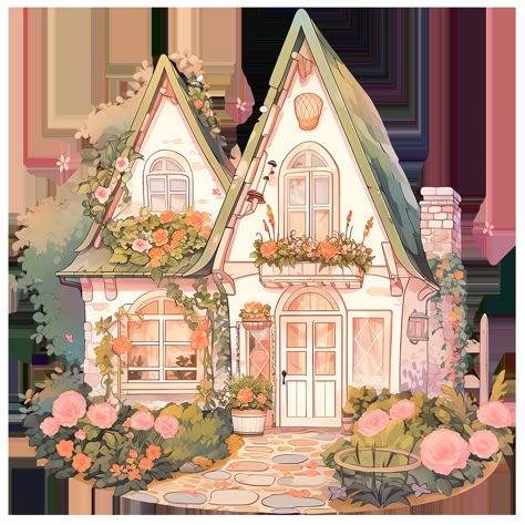 Cute House with Flowers in Rustic and Cottagecore Style Sticker Cute Cottage Drawing, Cottage House Drawing, House Drawing Ideas, House With Flowers, Cottage Drawing, Cottage Illustration, Fairytale House, House Cartoon, Cottagecore Art