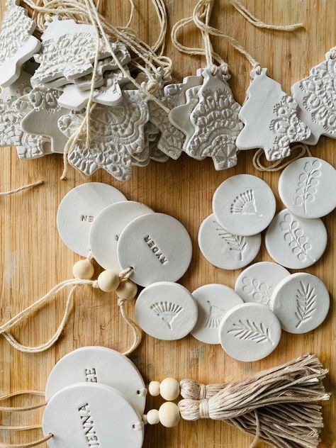 Personalised and Christmas ornaments , clay wall hangers, wedding favours and more order through my Etsy store, Air Dry Clay Wedding Favours, Dry Clay Christmas Ornaments, White Clay Christmas Decorations, Personalised Christmas Ornaments, Clay Wedding Decor, Diy Air Dry Clay Ornaments, White Clay Crafts, Diy Christmas Ornaments Clay, Clay Wedding Favors