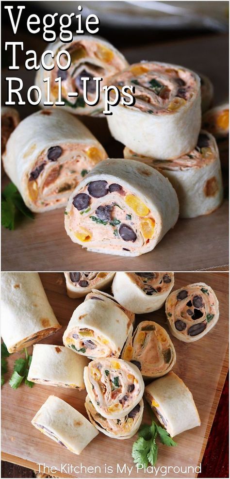 Veggie Taco Roll-Ups Tortilla Roll Ups Appetizers, Rollups Appetizers, Taco Roll Ups, Veggie Roll Ups, Taco Roll, Vegetable Tacos, Veggie Tacos, Vegetarian Tacos, Roll Ups Tortilla