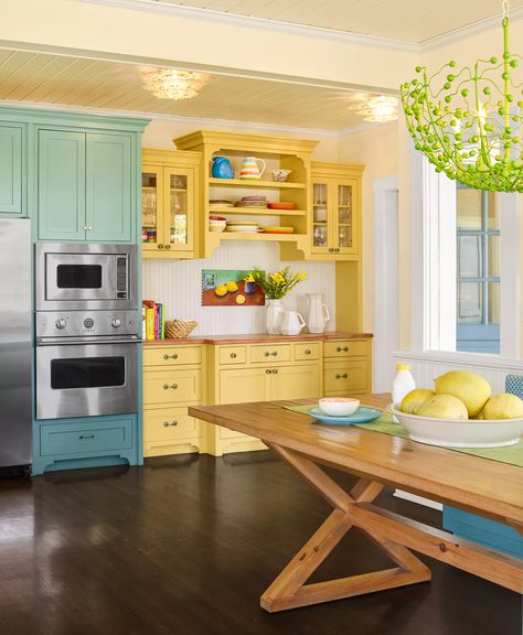 Bright Ideas for a Colorful Whole House Remodel - This Old House Yellow Teal Kitchen, Mint And Gold Kitchen, Teal And Yellow Kitchen, Yellow And Blue Kitchen, Bright Kitchen Colors, Kitchen Teal, Colorful Kitchen Ideas, Yellow Kitchen Cabinets, Pineapple House