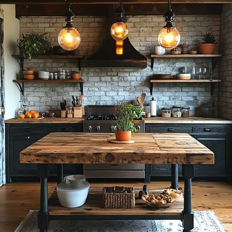 9+ Industrial Kitchen Island Ideas for Small Kitchens with Urban Flair • 333+ Inspiring Lifestyle Ideas Rustic Industrial Kitchen Island, Industrial Kitchen Island Ideas, Industrial Apartment Kitchen, Small Industrial Kitchen, Island Ideas For Small Kitchens, One Wall Kitchen With Island, Industrial Loft Kitchen, Ideas For Small Kitchens, Industrial Kitchens