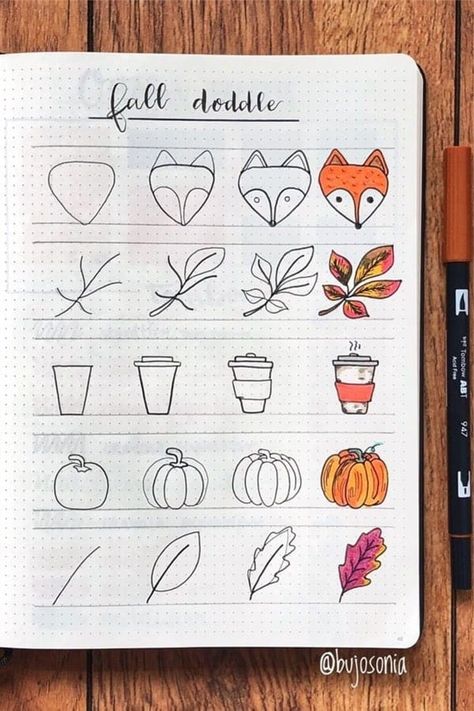 15 Simple Fall & Halloween Bullet Journal Doodles - Bullet Planner Ideas Journal Doodle Ideas, Modele Zentangle, Fall Doodles, Crazy Laura, Kunstjournal Inspiration, Art Journal Challenge, Bujo Doodles, Art Journal Prompts, Doodle Ideas