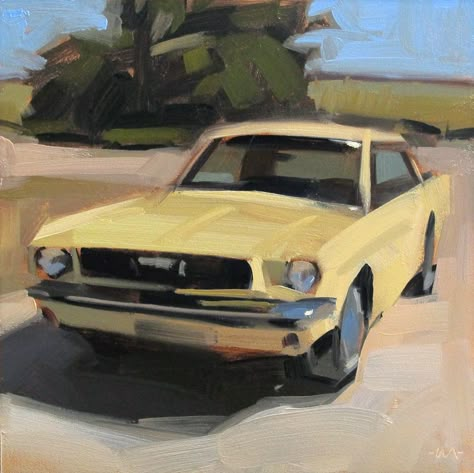 Carol Marine's Painting a Day Mustang Painting, Car Oil Painting, Yellow Mustang, Carol Marine, Cars Painting, Mustang Art, Marine Paint, 1966 Mustang, Painting A Day