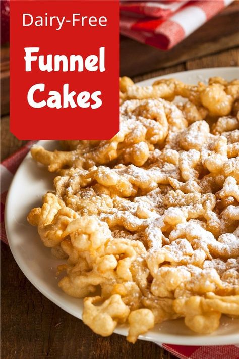 Dairy-Free Funnel Cakes Recipe - Just like at the fair or carnival! Nut-free, soy-free, egg-free option. Dairy Free Funnel Cake Recipe, Vegan Funnel Cake, Gluten Free Funnel Cake, Vegan Funnel Cake Recipe, Funnel Cake Recipe Easy, Funnel Cake Recipe, Free Fair, Mint Chip Ice Cream, Funnel Cakes