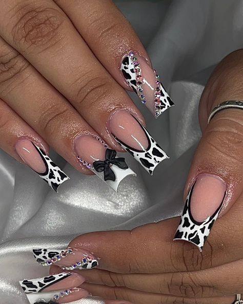 Had to post the photos too🖤🐮🎀 #houston#houstonnailtech #cows #cowprint #frenchies #nails #nailsnailsnails #nailart #naildesign #nailinspo #prettygirls #prettynails Cowgirl Nail Ideas, Cow Nails Designs, Short Cow Print Nails, Cow Nails Acrylic, Cowprint Nail Design, Cow Print Nail Designs, Frenchies Nails, Uni Nails, Cowgirl Nails