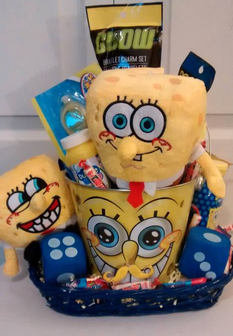 Blue & Yellow SPONGE BOB Child Gift Basket  $55  ALL PAYMENTS THRU PAYPAL, PLEASE VISIT MY FB PAGE BY CLICKING ON ALBUM LINK BELOW AND LETTING ME KNOW BY COMMENTING THAT YOU ARE INTERESTED IN PURCHASING https://www.facebook.com/media/set/?set=a.507052449382695.1073741856.100002338347966&type=1&l=d0c56bdbb1 Spongebob Stuff, Holiday Baskets, Fruit Infused Water Bottle, Basket Crafts, Food Basket, Patrick Star, Sponge Bob, Smoked Food Recipes, Event Supplies