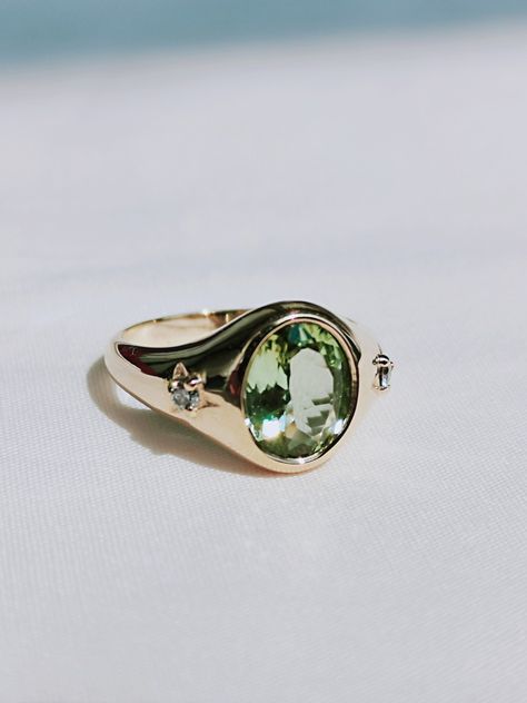 Tourmaline signet ring Engagement Signet Ring, Thick Gold Engagement Ring, Vintage Bezel Engagement Ring, High Setting Engagement Ring, Signet Engagement Ring, Signet Engagement Rings, Green Engagement Ring, Green Engagement Rings, Star Setting