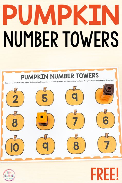 This free pumpkin number towers math activity is perfect for learning one-to-one correspondence, counting, and beginning addition skills this fall! Pumpkin Activities Kindergarten, Pie Math, Pumpkin Math Activities, Pumpkins Preschool, Fall Math Activities, Ocean Exploration, Pumpkin Math, Halloween Math Activities, Addition Activities