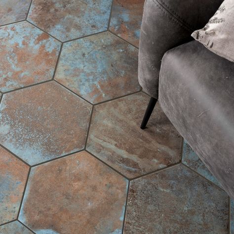 Hexagon Tile Wall, Blue Hexagon Tile, Hallway Tiles, Black Hexagon Tile, Teal Tile, Hexagon Floor, Hexagon Tile Floor, Grey Floor Tiles, Tiled Hallway