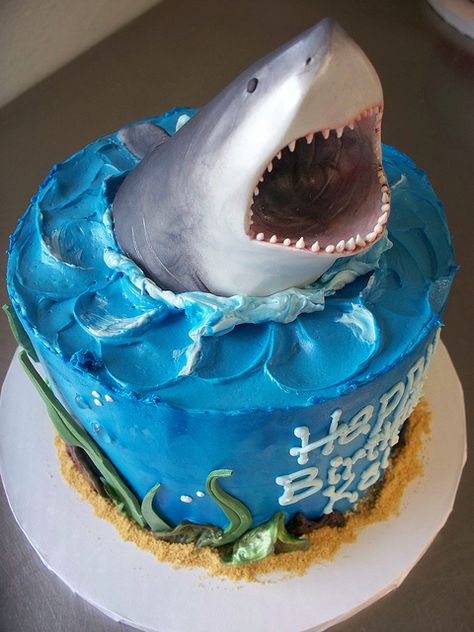 Shark cake by hidelicious, via Flickr, Seth Wants A cake like this For his 8th Birthday !!! Shark Birthday Cake, Shark Birthday Cakes, Shark Themed Birthday Party, Shark Cake, Sea Cakes, Shark Birthday Party, Birthday Cake Recipe, Shark Birthday, Boy Birthday Parties