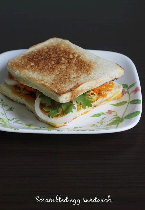 Egg bhurji sandwich recipe with basic ingredients.Scrambled eggs, bread, veggies make a healthy breakfast, made under 10 minutes Egg Sandwich Recipes, Scrambled Egg Sandwich, Rolls Sandwiches, Boiled Egg Sandwich, Bread Snacks Recipe, Sandwich Egg, Recipes Eggs, Breakfast Casserole Recipes, Breakfast Eggs Scrambled