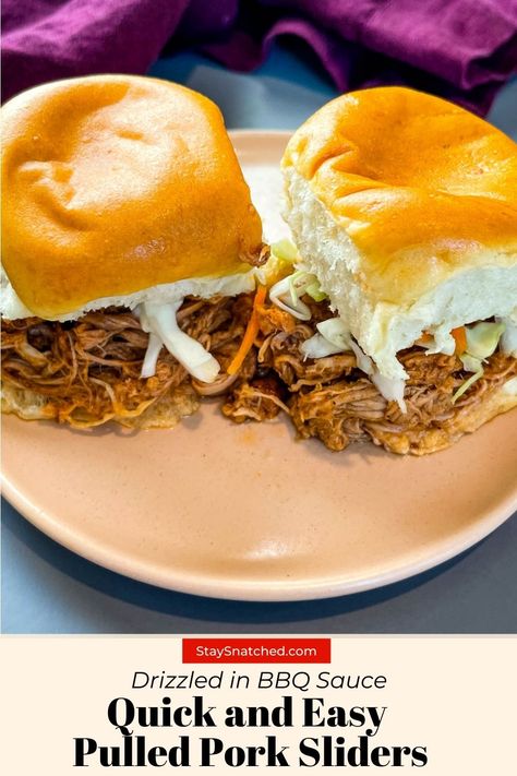 These Easy Shredded Pulled Pork Sliders are served on Hawaiian rolls, with creamy coleslaw, and drizzled in your favorite BBQ sauce. Serve these mini sandwiches at your cookouts, tailgates, or any gathering. Bbq Pork Sliders Hawaiian Rolls, Pulled Pork Sliders Hawaiian Rolls, June Recipes, Hawaiian Pulled Pork, Easy Pulled Pork, Pulled Chicken Sandwiches, Breaded Chicken Tenders, Pulled Pork Sliders, Pork Sandwiches