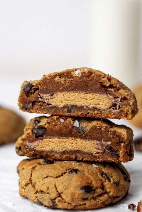 REESE'S STUFFED CHOCOLATE CHIP COOKIES - Organically Addison Heavenly Cookies, Nyc Cookies, Chunky Cookies, Organically Addison, Stuffed Chocolate Chip Cookies, Large Cookies, Stuffed Cookies, Crazy Cookies, Filled Cookies