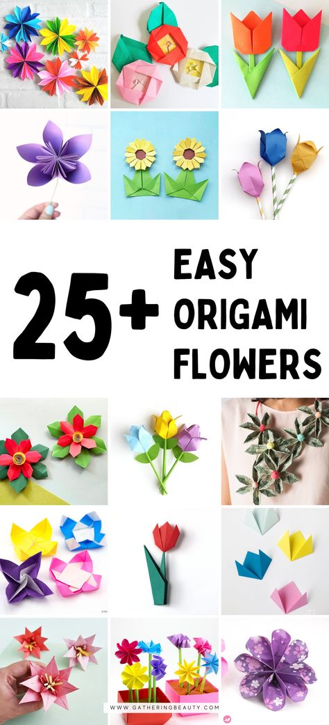 25+ Easy Origami Flowers To Make — Gathering Beauty Oragami Ideas Flower, Origami Flower Flat, Paper Flowers No Glue, Simple Origami Flower, Oragami Flowers, Paper Flower Origami, Easy Origami Rose, Origami Tulip, Origami Lotus