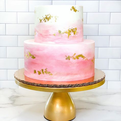 Twp tier ombre pink cake with gold leafing - M Blake’s Cakes Pink And Gold Tiered Cake, Pink Cake With Gold Flakes, Pink Ombre Cake With Gold, Pink 2 Tier Birthday Cake, Two Tier Pink Birthday Cake, Ombré Pink Cake, Pink Ombre Cake Birthday, Ombre Cake Pink, Ombre Cake Ideas