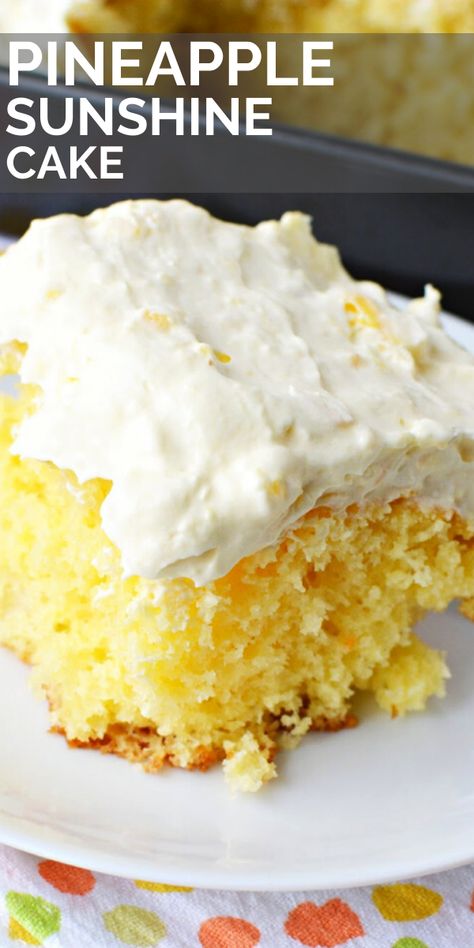 This Pineapple Sunshine Cake is the perfect thing for an Easter Dessert or a tasty treat for a summer picnic. This bright cake is topped with a super light cool whip frosting! #dessert #dessertrecipes #pineapple #cake #pineapplerecipes Crushed Pineapple Vanilla Pudding, Angel Food Cake With Crushed Pineapple, Pineapple Cake With Cake Mix Boxes, Pineapple Fluff Cake Recipe, Pineapple Upside Down Cake With Box Cake And Crushed Pineapple, Pineapple Cake With Crushed Pineapple, Box Pineapple Cake, Box Cake Mix Dessert Recipes, Pineapple Delight Cake