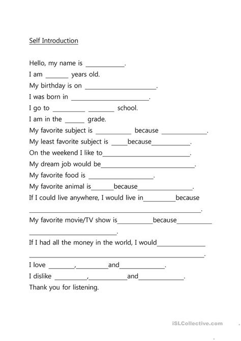 Self Introduce English, My Self Introduction For School, Introduction Of Myself For School, Introduction For Presentation, Introduction Of Myself For Interview, Creative Introduction Of Yourself, Self Introduction Worksheet, My Self Introduction For Interview, Self Introduction Template