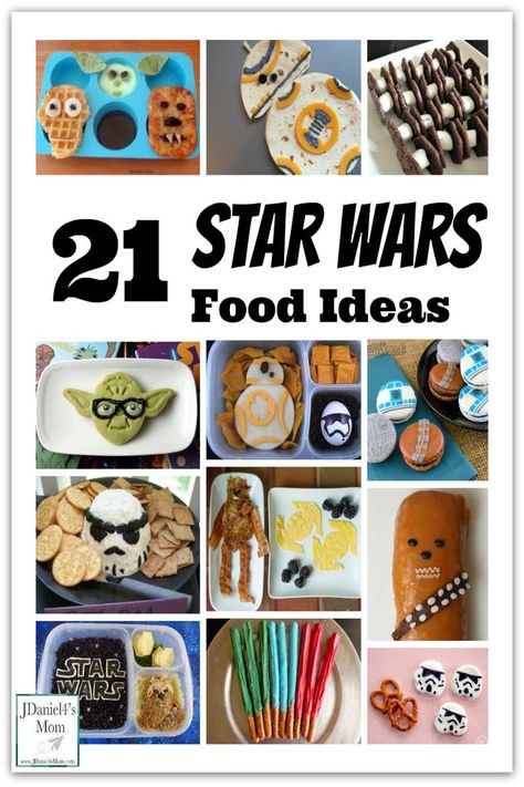 21 Star Wars Food Ideas- They would make fun meals, snacks, party food or movie viewing treats. Star Wars Food Ideas, Star Wars Essen, Star Wars Themed Food, Star Wars Snacks, Star Wars Party Food, Star Wars Marathon, Food Ideas For Kids, Fun Meals, Star Wars Food