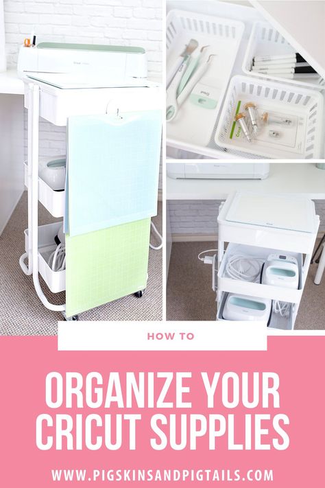 Organize and store all of your Cricut supplies in a rolling cart. See more ideas for how to organize your supplies. Cricut Cart, Vinyl Craft Projects, Fun Diy Craft Projects, Diy Screen Printing, Cricut Supplies, Screen Printing Techniques, Craft Space, Rolling Cart, Cricut Craft