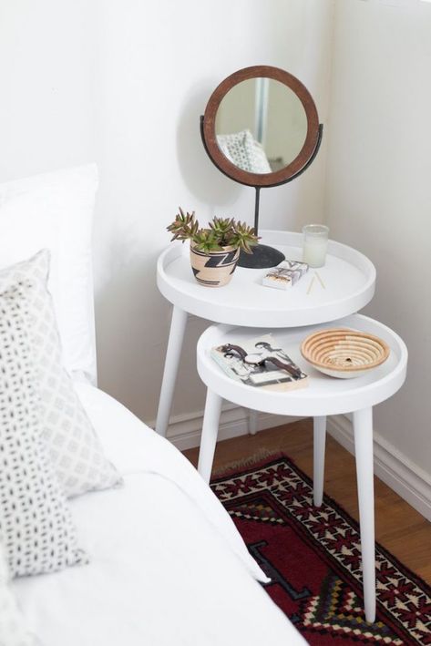 15 Bedside Table #Shelfies to Copy for Yourself via Brit + Co Bedside Plants Night Stands, Bedside Table Circle, Circular Bedside Table Night Stands, Bedside Table Alternative Small Spaces, Bedside Table Alternative, Table Stand, Alternative Bedside Table Ideas, Wooden Bedroom Furniture, Bedside Table Decor