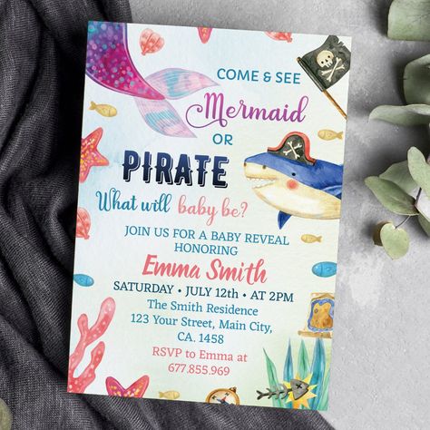 Our mermaids or pirates invitation is the perfect way to invite friends and family to your party. The design features a watercolor theme, with plenty of space for all the important details such as the date, time, and location of the party. Perfect for any age, gender and theme of the party, it is sure to impress your guests and get them excited for the celebration. Mermaid Or Pirate Gender Reveal, Themed Gender Reveal, Pirate Invitations, Baby Gender Reveal Party, Gender Reveal Invitations, Baby Gender Reveal, Invite Friends, Pirate Theme, Baby Reveal