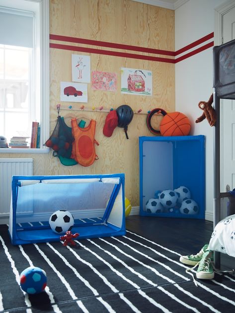 Planet Energy, Football Bedroom, Physical Play, Kids Shared Bedroom, Ikea Ireland, Ball Storage, Play Space, Ball Lights, On The Floor