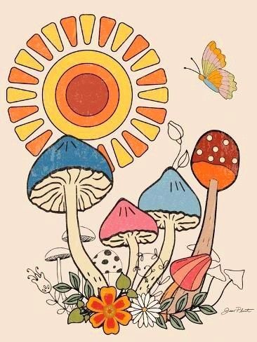 Funky Mushroom Art, Hippie Mushroom Art, Vintage Mushroom Art, 70s Mushroom, Groovy Art, Sketchbook Inspo, Record Art, Collage Ideas, Vintage Mushroom