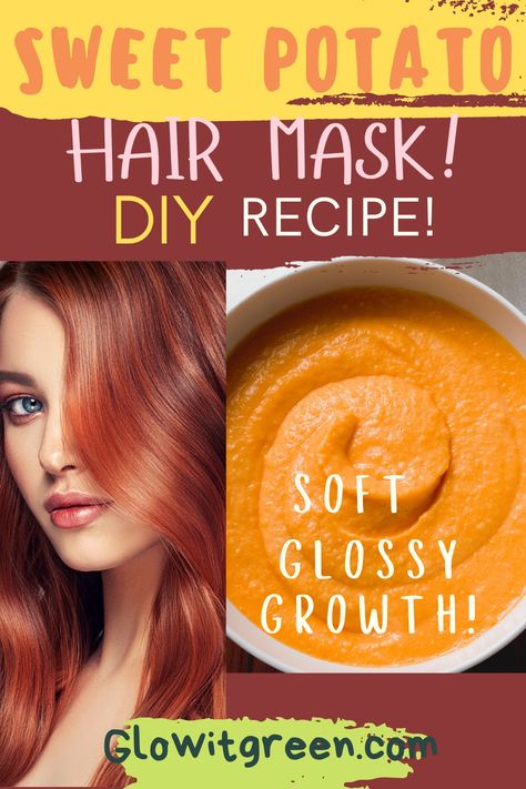 Get an easy and effective dry hair mask recipe using sweet potatoes from Glowitgreen.com! Soft, nourishing sweet potatoes loaded with vitamins have incredible benefits for restoring hair and make great hair masks! Sweet Potato Hair Mask, Potato Water For Hair, Long Thick Healthy Hair, Homemade Hair Mask Recipes, Thick Healthy Hair, Dry Hair Repair, Diy Hair Conditioner, Hair Growth Mask, Coconut Oil Hair Mask Diy