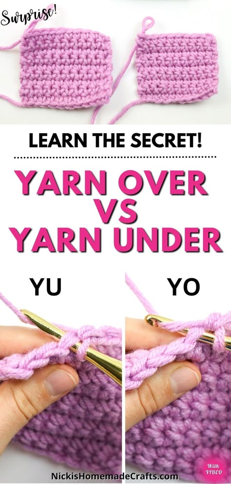 Are you a crochet beginner looking to learn the basics? One of the most fundamental techniques in crochet is the yarn over (yo) and the yarn under (yu). This tutorial will help you understand the difference between the two and how to perform them properly. We have included a step-by-step video tutorial that will guide you through the process. You will quickly become an expert at crocheting yarn over and yarn under in no time! How To Yarn Over In Crochet, What To Do With Chunky Yarn, Crochet Absolute Beginner, How To Hold Crochet Yarn, Yarn Over Vs Yarn Under Crochet, Single Crochet Stitch Patterns, How To Make Your Own Crochet Pattern, How To Join Yarn Crochet, Crochet Tips For Beginners